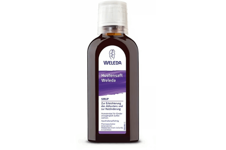 Braune Flasche mit Hustenstift Weleda, enthält einen Sirup zur Erleichterung des Abhustens und zur Reizungslinderung.