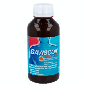 Braune Flasche mit weißem Schraubverschluss, enthält Gaviscon Liquid Forte gegen Sodbrennen.