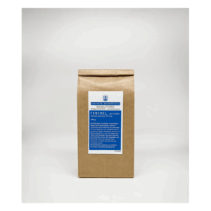 Papiertüte mit Fenchel, bräunlicher Verpackung und blauer Etikette, die Anwendungsinformationen enthält.