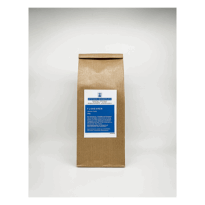 Braune Papiertüte mit blauem Etikett für Flohsamen, enthält 250g und Hinweise zur Anwendung.