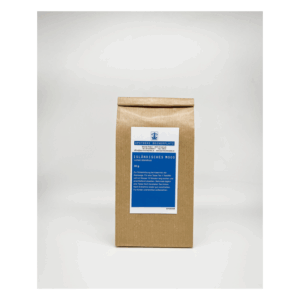Papierbeutel mit Islandmoos, braun, mit blauer Schrift, Herstellerinformation und Anwendungsbeschreibung.