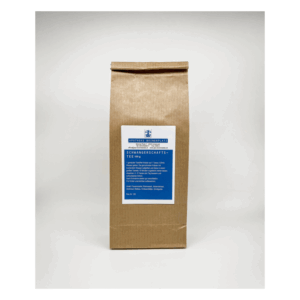 Braune Papiertüte mit blauer Etikette für Schwangerschaftstee, Details zur Zubereitung und Inhaltsstoffen sind sichtbar.