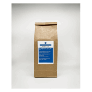 Papierverpackung für Schwangertee mit blauer Etikette und Informationen zu Inhaltsstoffen und Zubereitung.