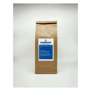 Braune Papierverpackung für Leber-Galle-Tee mit blauer Etikette und detaillierten Inhaltsstoffen.