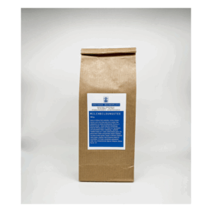 Papiertüte mit Milchbildungstee, blau beschriftet, mit Angaben zu Inhalt und Anwendungshinweisen