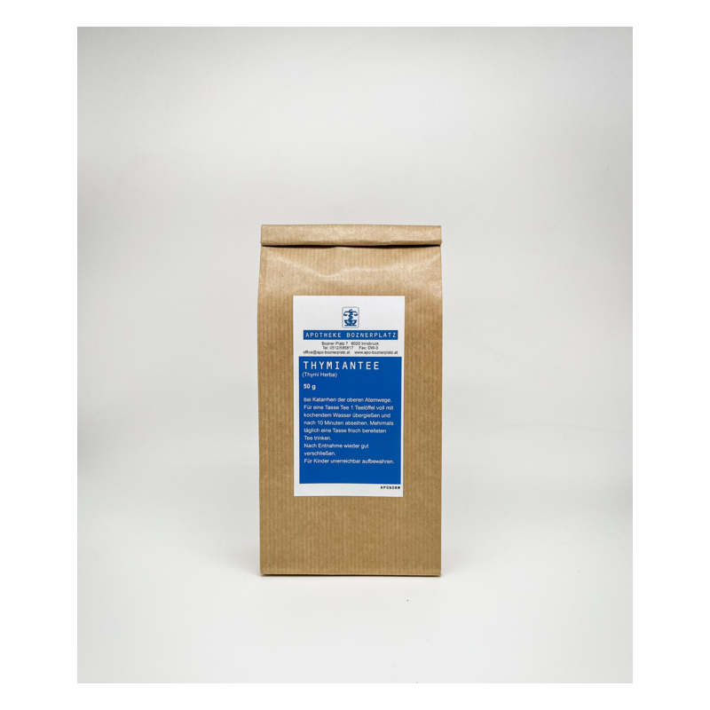 Braune Papiertüte mit blauem Etikett für Thymiantee, Informationen zur Zubereitung auf dem Etikett.