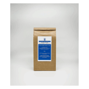 Braune Verpackung mit blauem Etikett für Stoffwechseltee, Informationen zur Verwendung und Zubereitung.