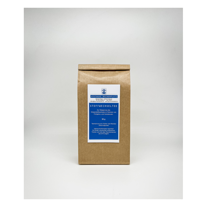 Braune Verpackung mit blauem Etikett für Stoffwechseltee, Informationen zur Verwendung und Zubereitung.