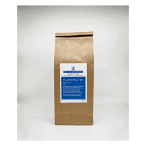 Papierverpackung für Holunderblüten, mit blauer Kennzeichnung und Informationen zur Anwendung.