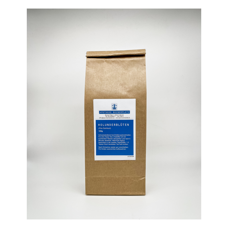 Papierverpackung für Holunderblüten, mit blauer Kennzeichnung und Informationen zur Anwendung.