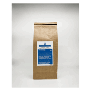 Braune Papierverpackung mit blauer Beschriftung für Brusttee, 100 g, von Apotheke Bozenplatz.