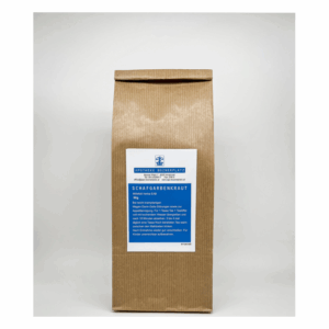 Papiertüte mit Schafgarbenkraut, etikettiert mit Anwendungshinweisen und Inhalt von 50g.