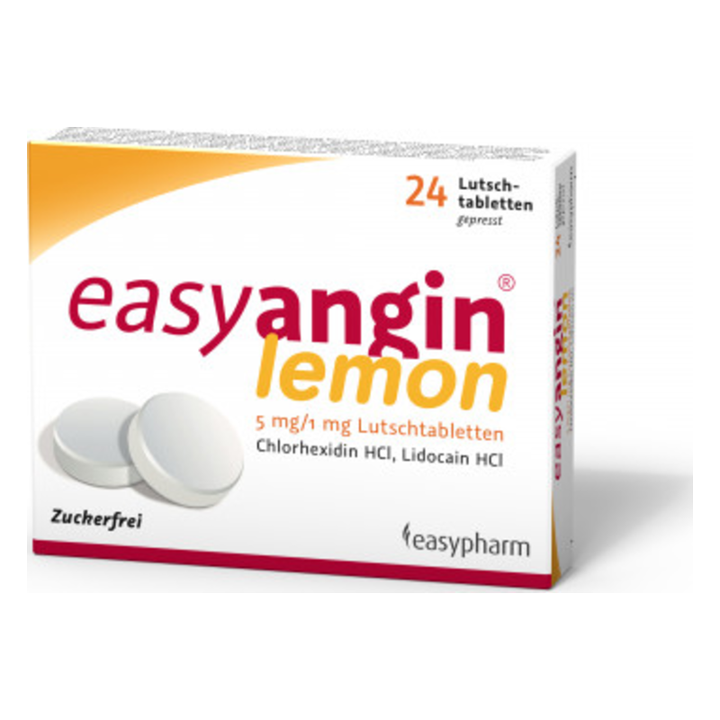 Verpackung von easyangin lemon Lutschtabletten in einer weißen Schachtel mit zwei abgebildeten Tabletten.
