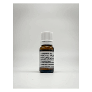 Braune Glasflasche mit weißem Deckel, beschriftet für Mund- und Rachenspülung mit Inhaltsinformationen.