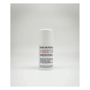 Roll-on Flasche mit Engelwurzbalsam für Säuglinge und Kleinkinder, Anleitung auf weißem Etikett.