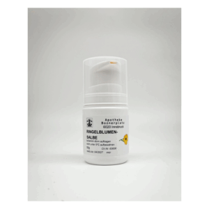 Ringelblumensalbe in einem weißen Pumpbehälter, mit Aufschrift und Sonnenblume auf dem Etikett.