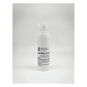 Flasche mit Hamamelis-Milch für unterstützende Pflege, weißes Design mit Pumpverschluss und ausführlicher Produktbeschreibung.