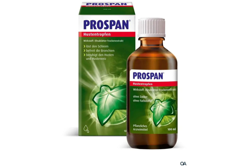 5543449_Prospan_Hustentropfen_100ml_2025.png PROSPAN Hustentropfen in einer braunen Flasche neben der grünen Verpackung mit Efeublättern und Anwendungsinformationen.