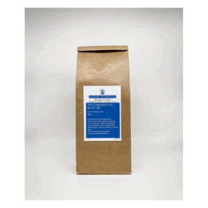 Braune Packung mit leicht strukturiertem Papier, beschriftet mit "Spitzwegerich-Blätter" und Gebrauchshinweisen.