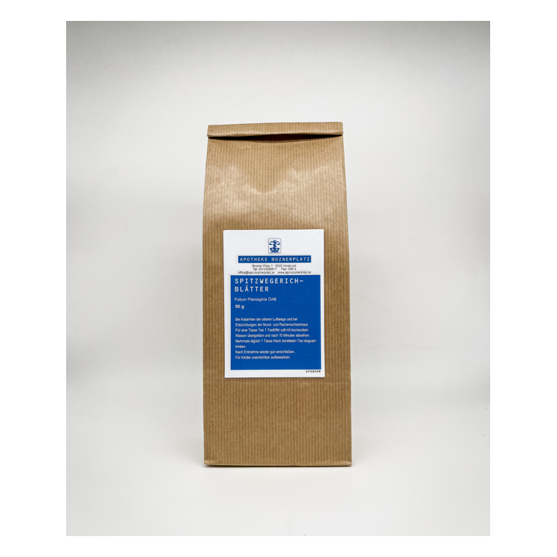 Braune Packung mit leicht strukturiertem Papier, beschriftet mit "Spitzwegerich-Blätter" und Gebrauchshinweisen.