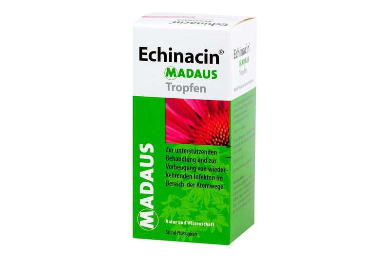 Echinacin-Madaus-Tropfen-50ml.png Packung von Echinacin Madaus Tropfen mit grüner und weißer Gestaltung für Atemwegserkrankungen.