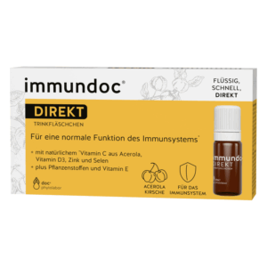 Paket mit Trinkfläschchen für das Immunsystem, enthält Vitamin C aus Acerola und weitere Nährstoffe.