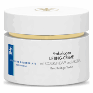 Weißer Cremetiegel mit goldenem Verschluss, beschriftet mit 'Prokollagen LIFTING-CREME'.