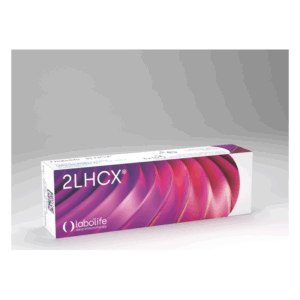 Verpackung eines Produkts namens 2LHCX mit einem designorientierten, lila Muster und dem Logo von labolife.