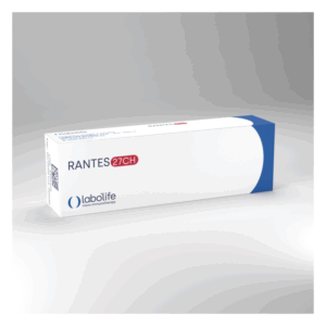 Weißer Medikamentenverpackungskarton mit der Aufschrift 'RANTES 27CH' und dem Logo von labolife.