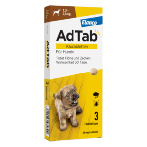 Packung mit Kautabletten für Hunde zur Bekämpfung von Flöhen und Zecken, inklusive Abbildung eines Hundes.