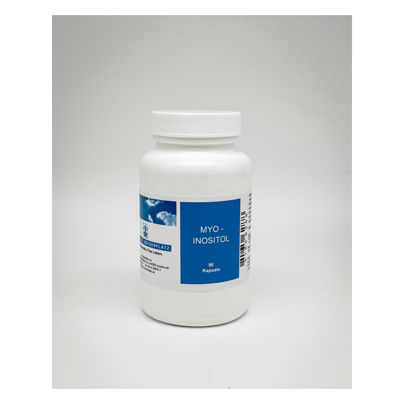 Weißer Plastikbehälter mit blauer Etikette, enthält Myo-Inositol Kapseln.