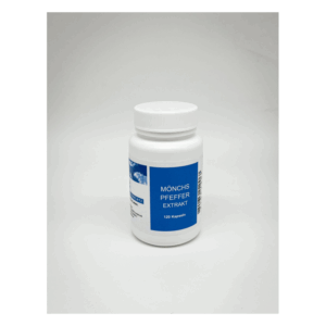 Weißes Fläschchen mit blauer Etikette, das Mönchspfeffer-Extrakt in Kapselform enthält.