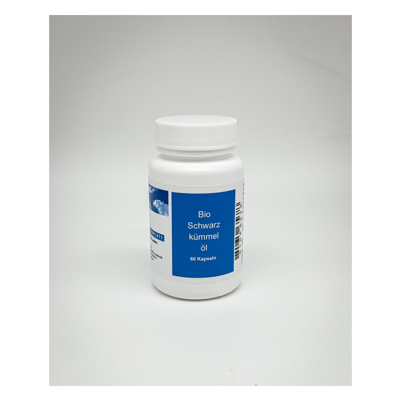 Weißes Fläschchen mit Schraubverschluss, etikettiert mit "Bio Schwarzkümmelöl" und enthält 60 Kapseln.