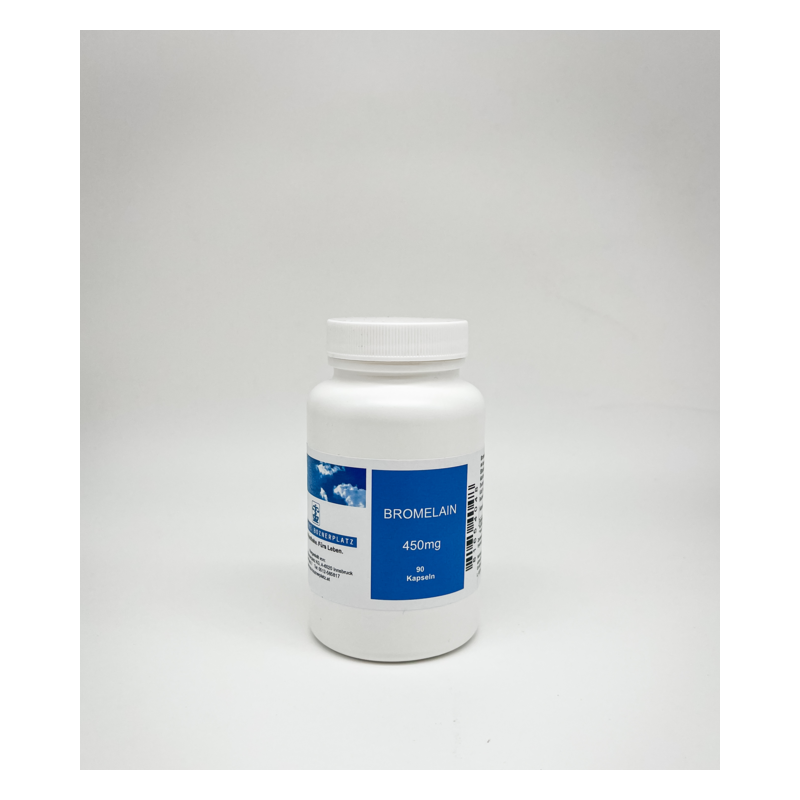 Weißer Kunststoffbehälter mit blauer Beschriftung, enthält Bromelain in Kapseln, 450 mg.