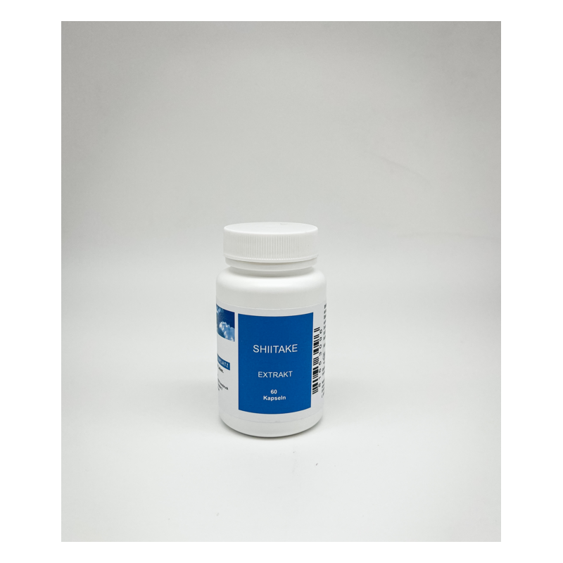 Weißes Fläschchen mit einem blauen Etikett, Shiitake Extrakt in Kapselform, 60 Kapseln.