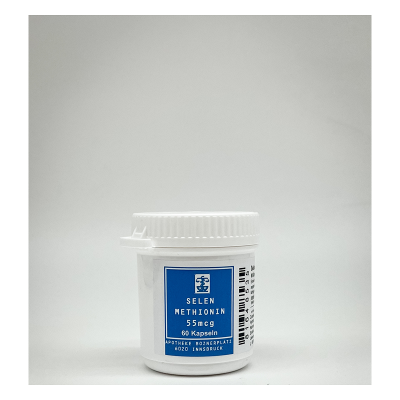 Weißer Behälter mit Deckel, etikettiert mit "Selen Methionin 55 mcg" und "60 Kapseln".