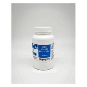 Weißes Fläschchen mit blauem Etikett, beschriftet mit "Amino Säuren Essentiell" und Barcode, auf neutralem Hintergrund.