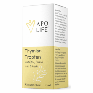 Verpackung von Thymian Tropfen in einer gelben und weißen Box, enthält Efeu, Primel und Eibisch, 50ml.