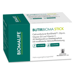 Verpackung des Butirbioma Stick von Biomaliife, mit Informationen zu Inhaltsstoffen und Anwendung.
