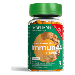 Transparente Flasche mit orangefarbenen Bärchenvitaminen namens Immun44 von ÖKOPHARM, zielgerichtet zur Unterstützung der Abwehrkräfte.