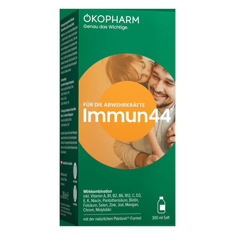 Verpackung von Immun44 Saft für die Abwehrkräfte, enthält Vitamine und Mineralstoffe, 300 ml Flasche