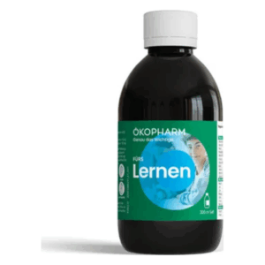 Dunkle Flasche mit weißem Deckel, etikettiert mit "ÖKOPHARM FÜR'S Lernen", 300 ml Inhalt.
