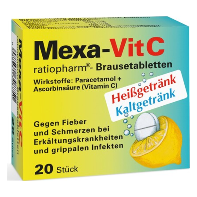 Verpackung von Mexa-Vit C Brausetabletten mit Zitrone und Hinweisen auf Heiße und Kalte Getränke.