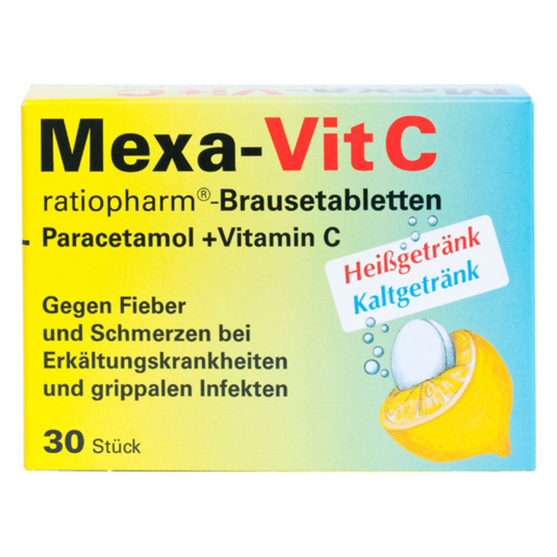 Packung mit Mexa-Vit C Brausetabletten, enthält Paracetamol und Vitamin C gegen Erkältungssymptome.