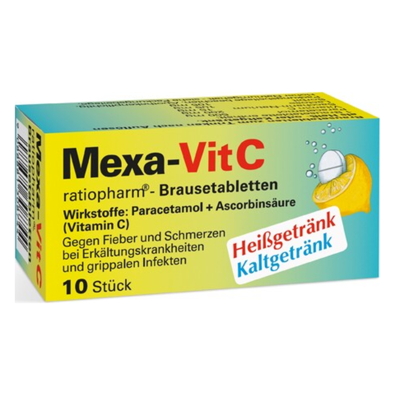 Verpackung von Mexa-VitC Brausetabletten mit Angaben zu Inhaltsstoffen und Anwendungshinweisen in buntem Design.