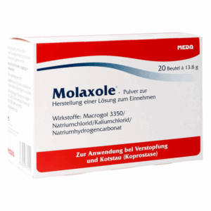 Verpackung von Molaxole, einem Pulver zur Herstellung einer Lösung gegen Verstopfung, mit Inhaltsstoffen aufgeführt.