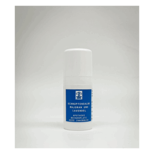 Schnupfensalbe in einer weißen Verpackung mit blauer Beschriftung, enthält Majoran und Lavendel.