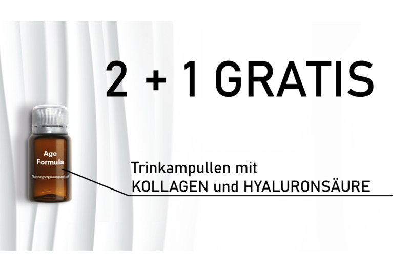 Age_Formula_Aktion_web.png Braune Verpackung mit einem Inhalt von Trinkampullen, die Kollagen und Hyaluronsäure enthalten. Werbebotschaft: 2 + 1 gratis.