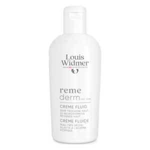 Flasche mit cremefarbener Flüssigkeit, beschriftet mit "reme derm" von Louis Widmer, für sehr trockene Haut.