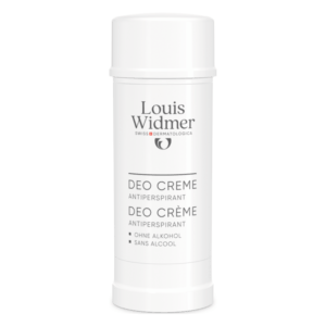 Weiße Deo-Creme von Louis Widmer in einem Stiftformat, ohne Alkohol, mit klarer Beschriftung.
